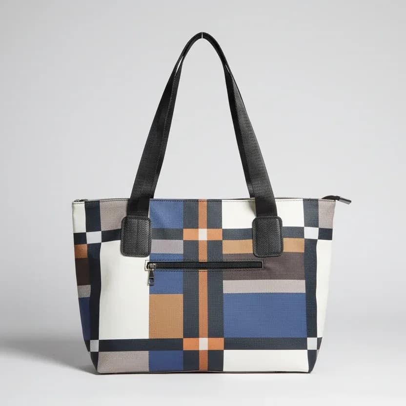 Geometric Plaid Canvas Shoulder Bag