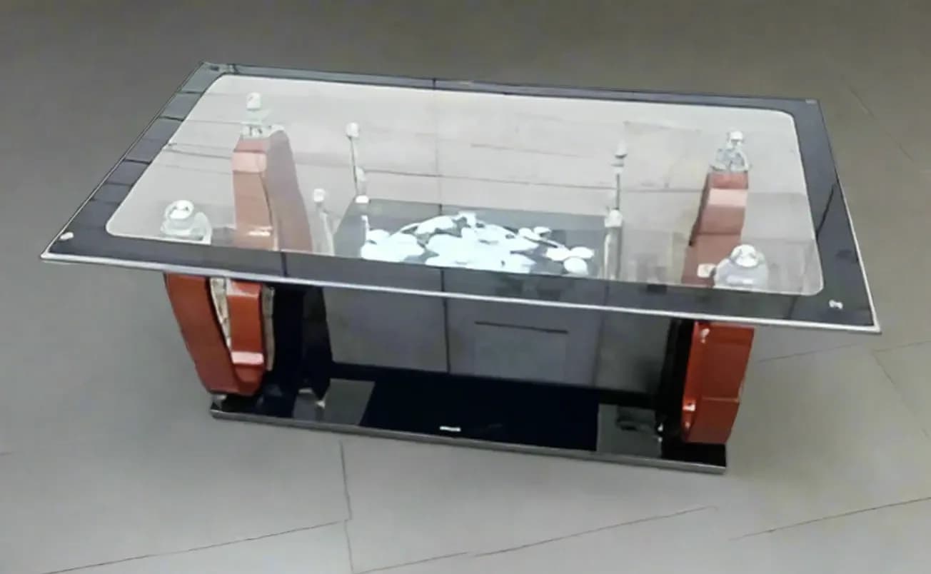 Glass Coffee Table with Wooden Legs and Black Shelf
