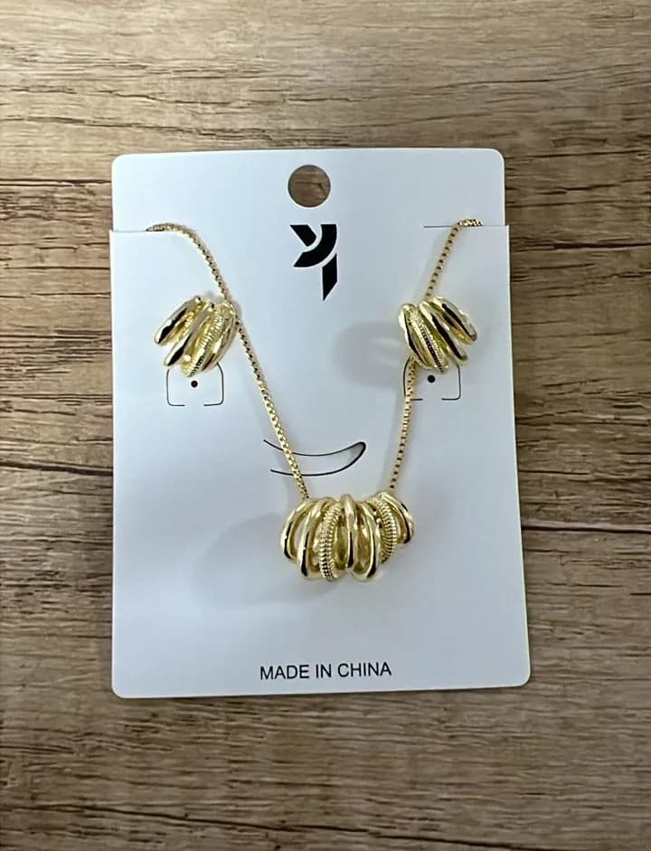 Gold-Toned Necklace & Earrings Set with Stacked Circular Designs