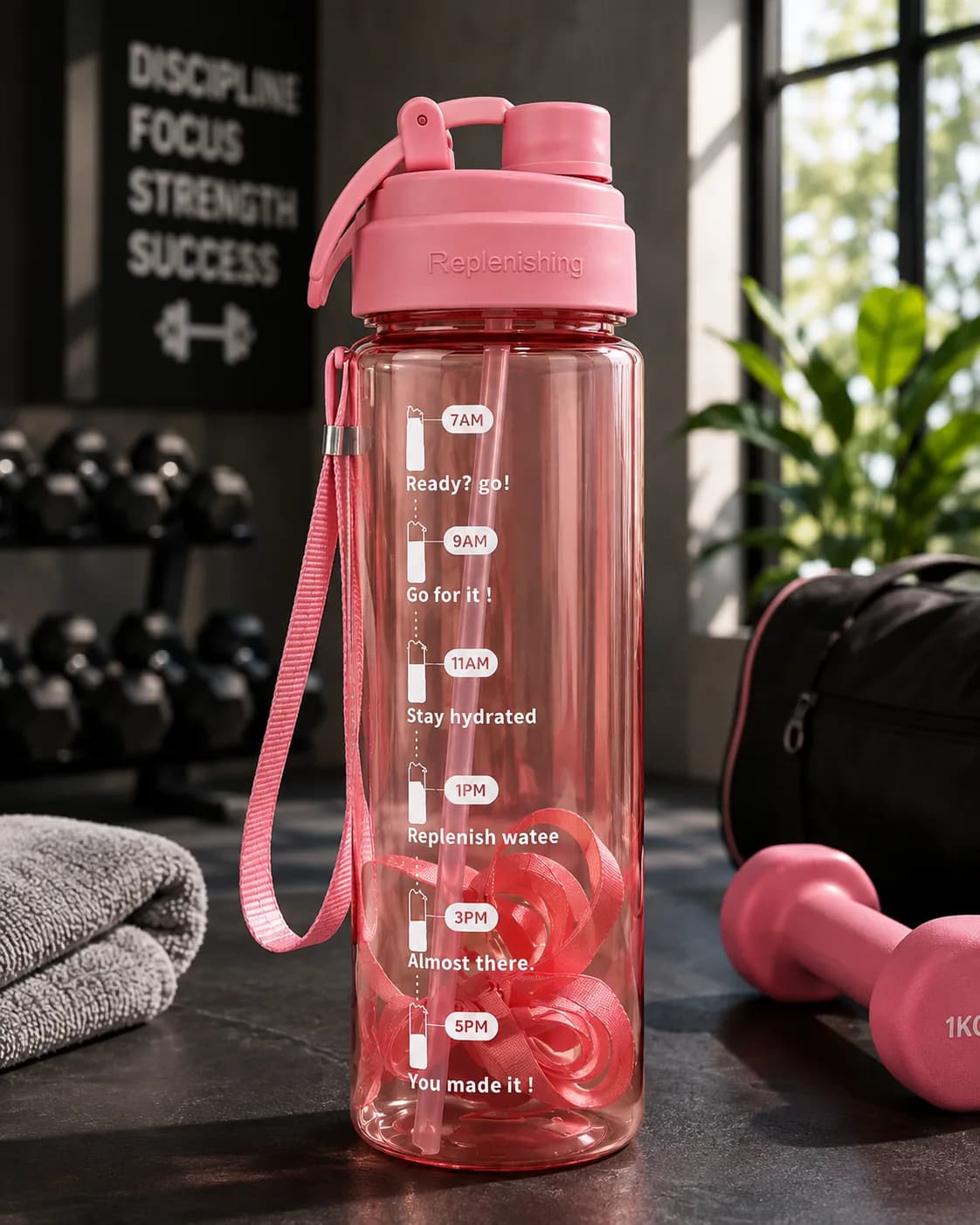 Motivational Time Marker Water Bottle with Straw – 1000ml (Pink)