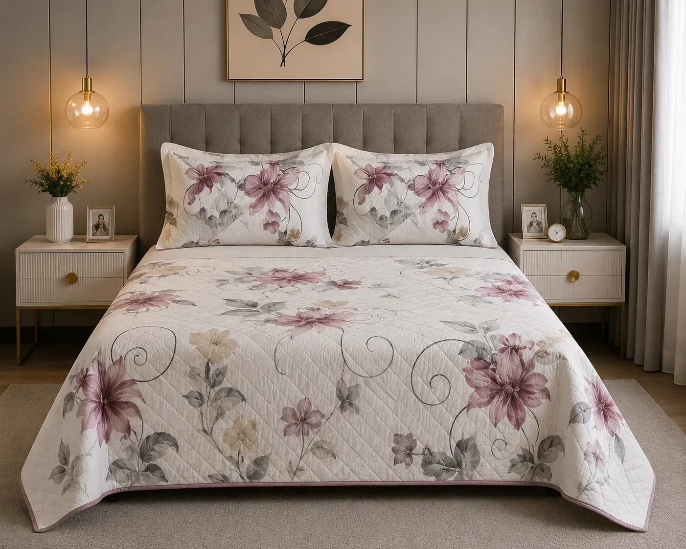 Elegant Floral Bedcover, Bedsheet & Pillow Cover Set – 180cm × 2m