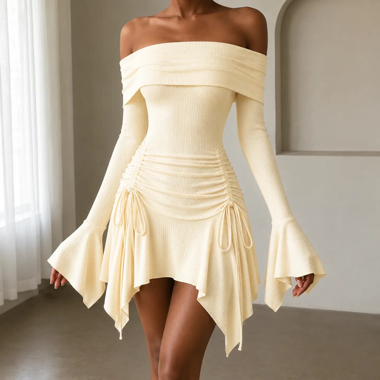 Women's Off-Shoulder Ribbed Ruched Mini Dress – Cream Yellow