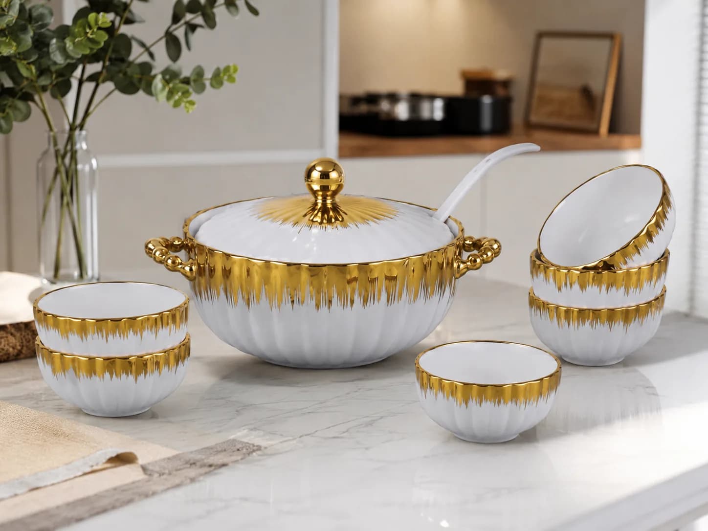 Ceramic Soup Serving Set with Gold Trim (9-Piece)
