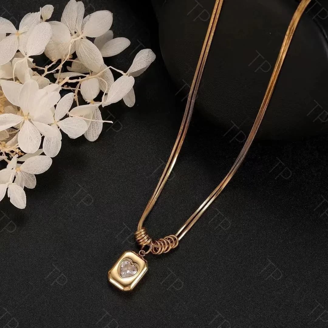 Elegant Gold Square Pendant Necklace with Crystal Charm