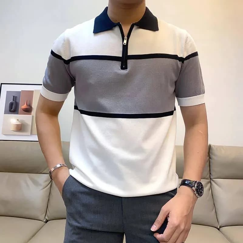 color block zip polo shirt