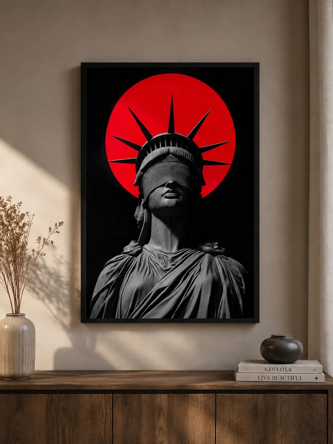 Statue of Liberty & Lady Justice Conceptual Art Black & Red Framed Print A2 & A3