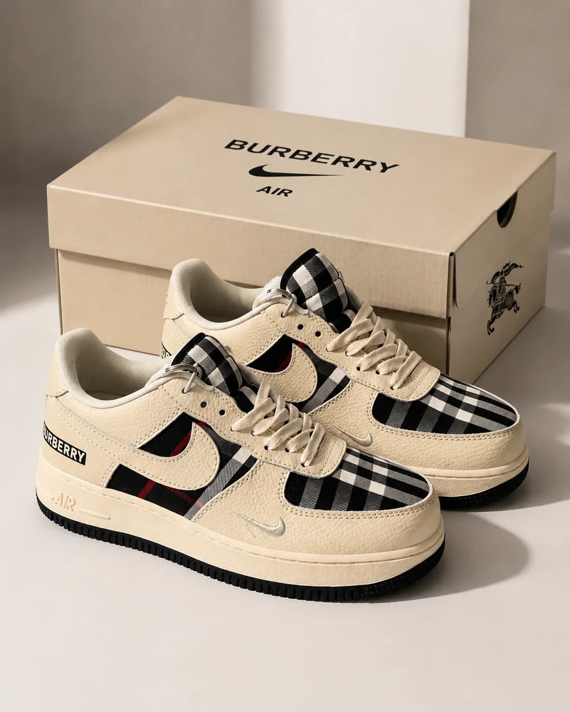 Air Force 1 Burberry Plaid Sneakers – Cream & Black