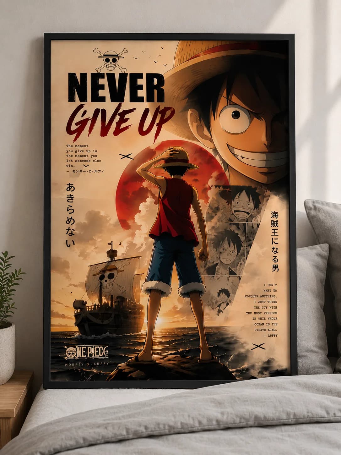 One Piece "Never Give Up" Motivational Anime Frame Poster (A2 & A3)