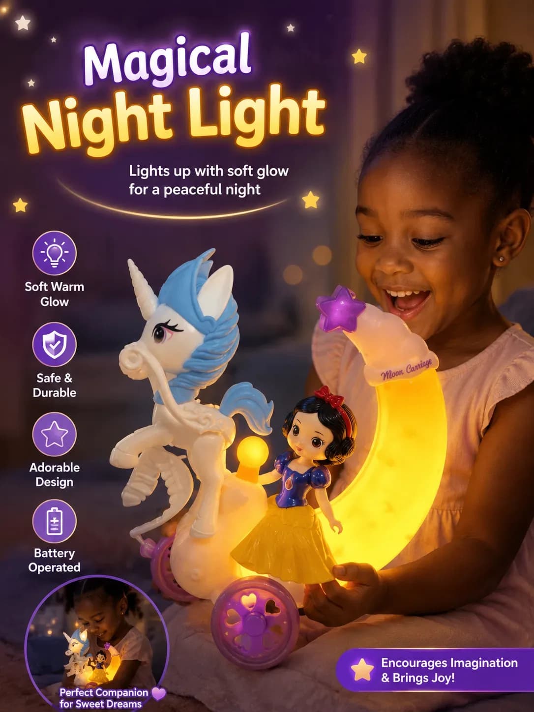 Battery Operated Unicorn Moon Carriage Princess Series Toy (Snow White Edition).