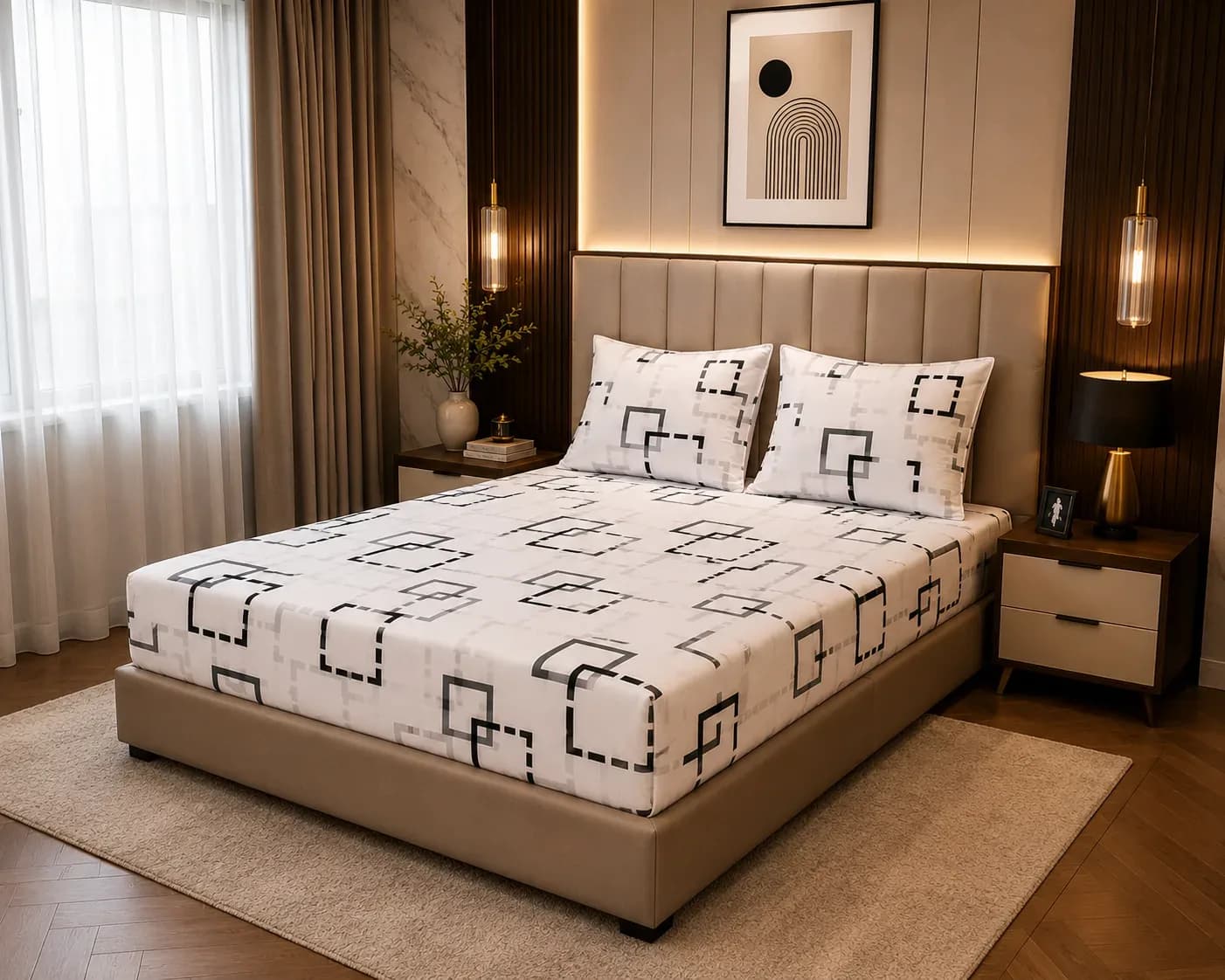 Modern Geometric Square Bedsheet Set – 180cm × 2m