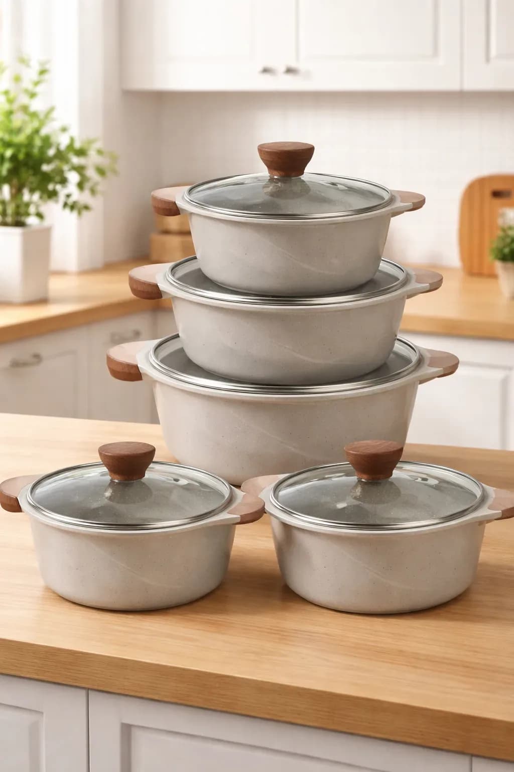 5-Piece Speckled Non-Stick Cookware Set with Glass Lids & Wooden Handles