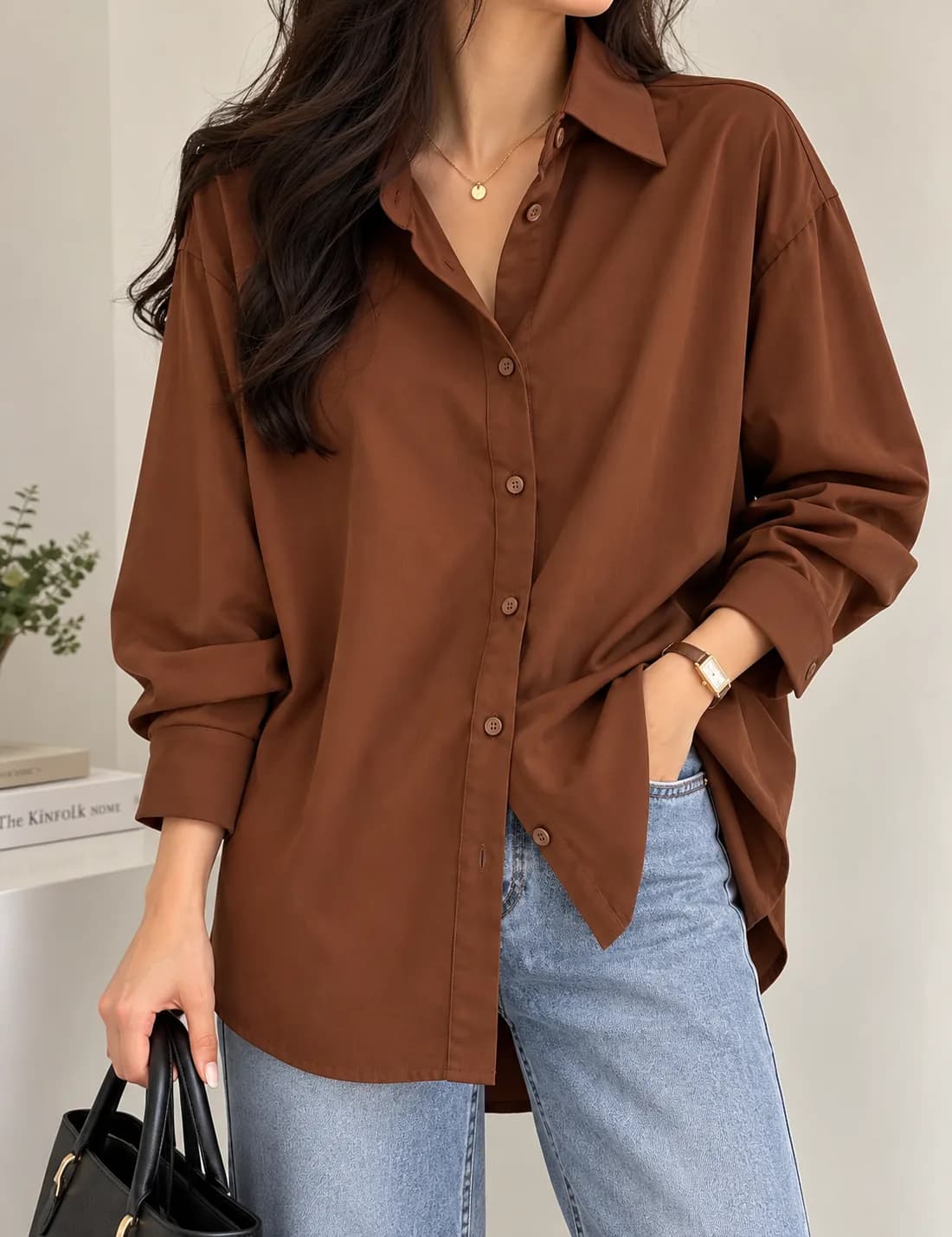 Women’s Oversized Long-Sleeve Button-Up Shirt Pink | Lime Yellow | Brown | White | Red