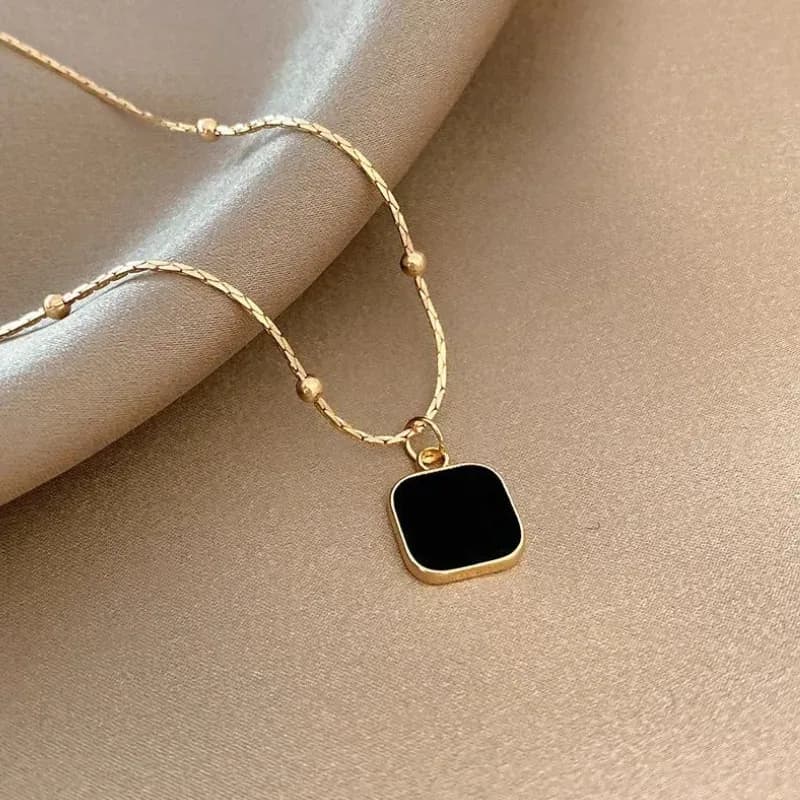 Elegant Gold Square Pendant Necklace (Black Accent)