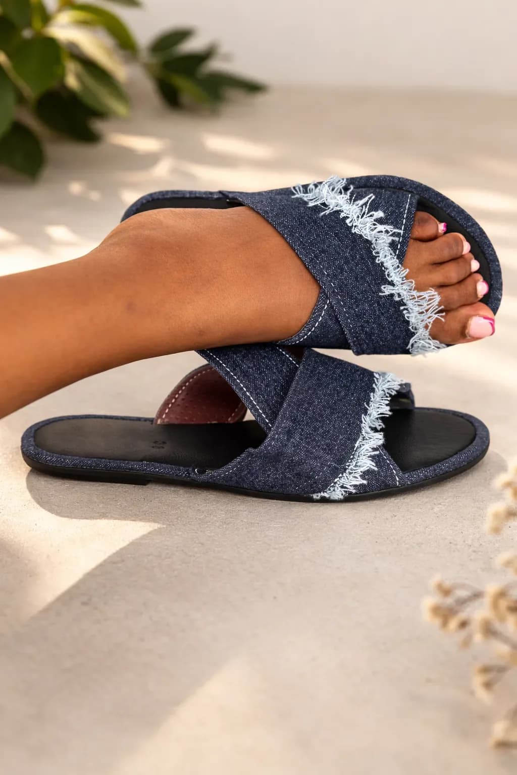 Denim Fringe Slide Sandals