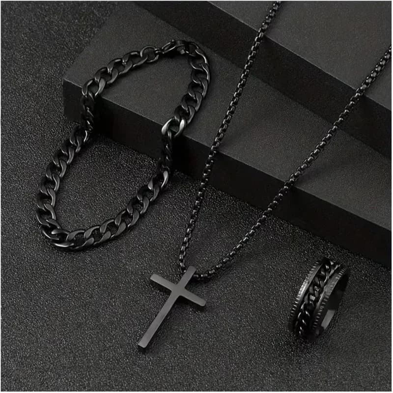 Black Stainless Steel Jewelry Set (Cross Necklace, Chain Bracelet & Ring)