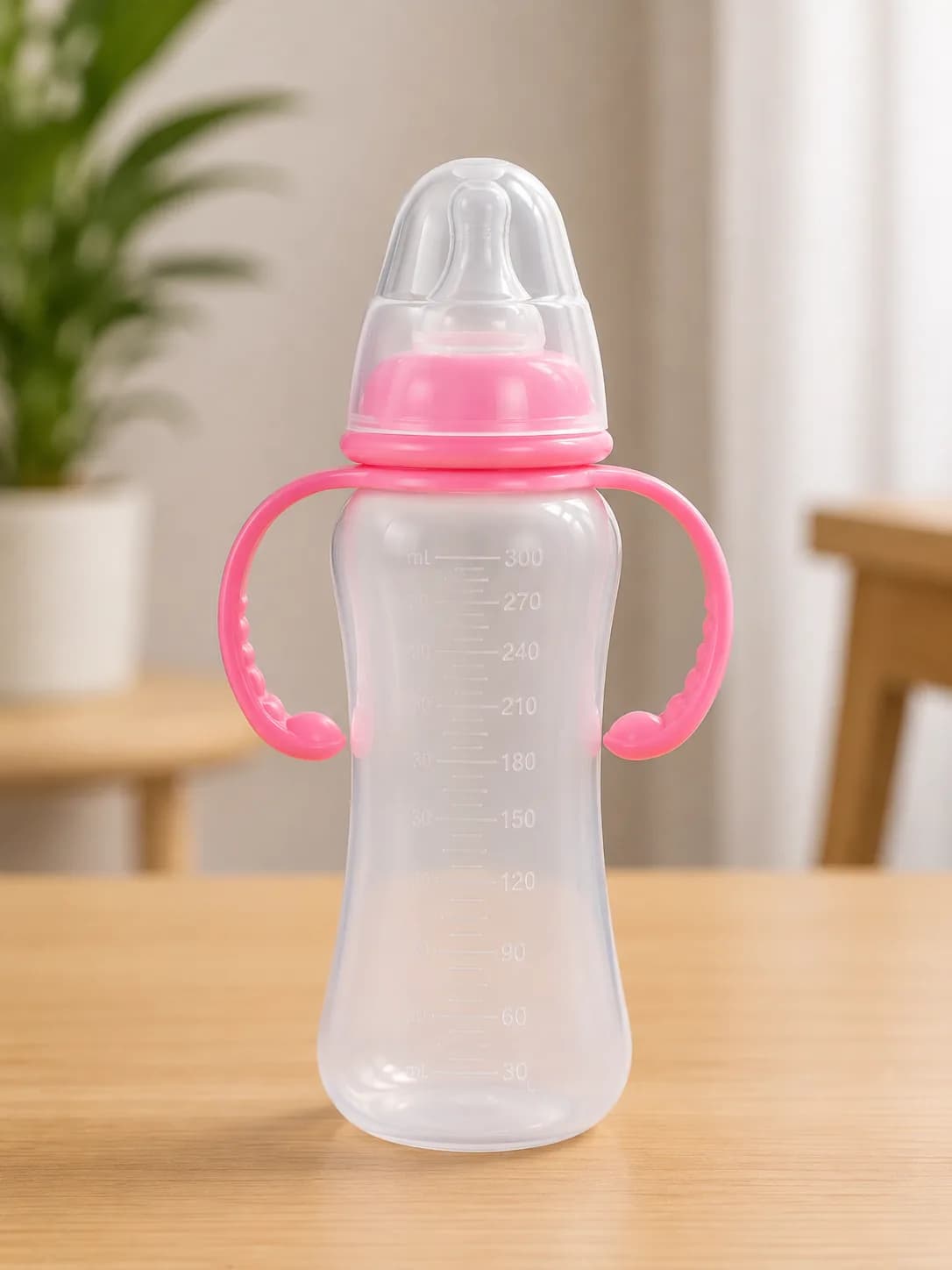 300ml Baby Training Feeding Bottle with Soft Silicone Nipple & Dual Handles (Pink)