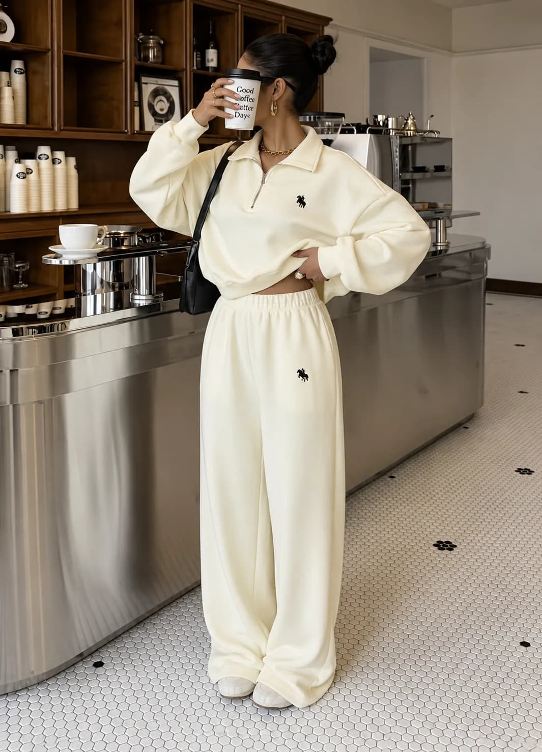 Women’s Casual Half-Zip Oversized Tracksuit Set – Ivory Cream & Black