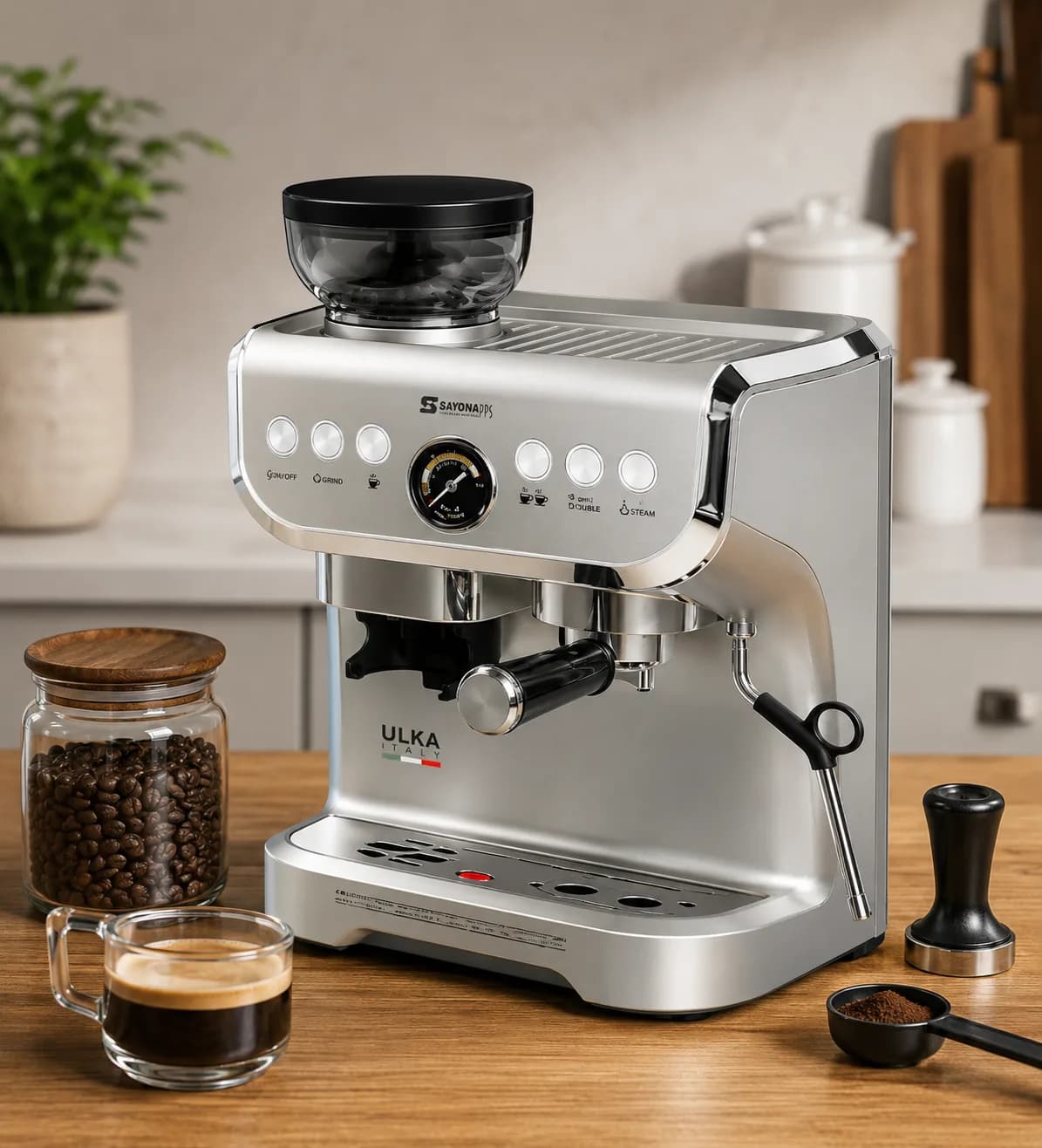 SAYONAPPS Italian Barista Espresso Coffee Machine with Built-In Grinder – SEM-4449