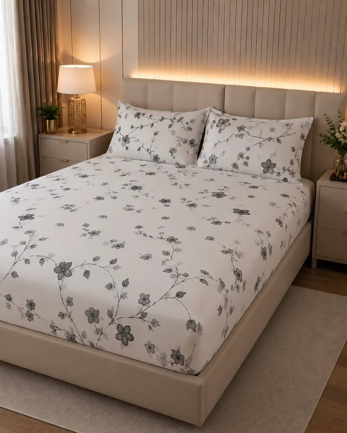 Elegant Grey Floral Bedsheet Set