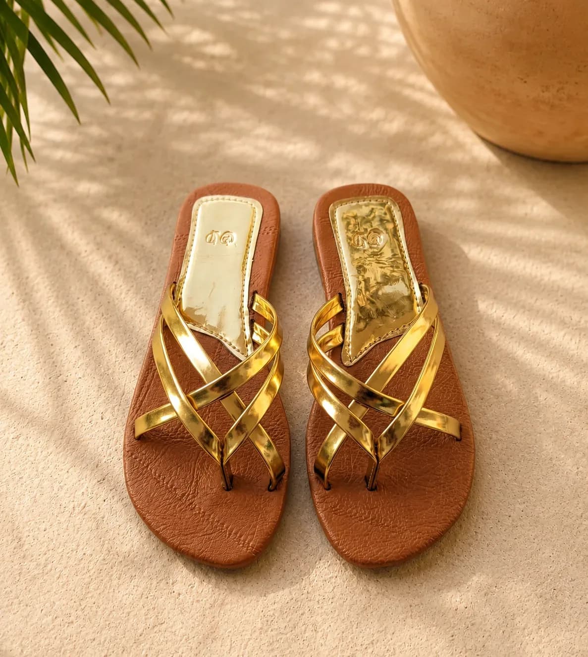 Golden Cross-Strap Flat Sandals