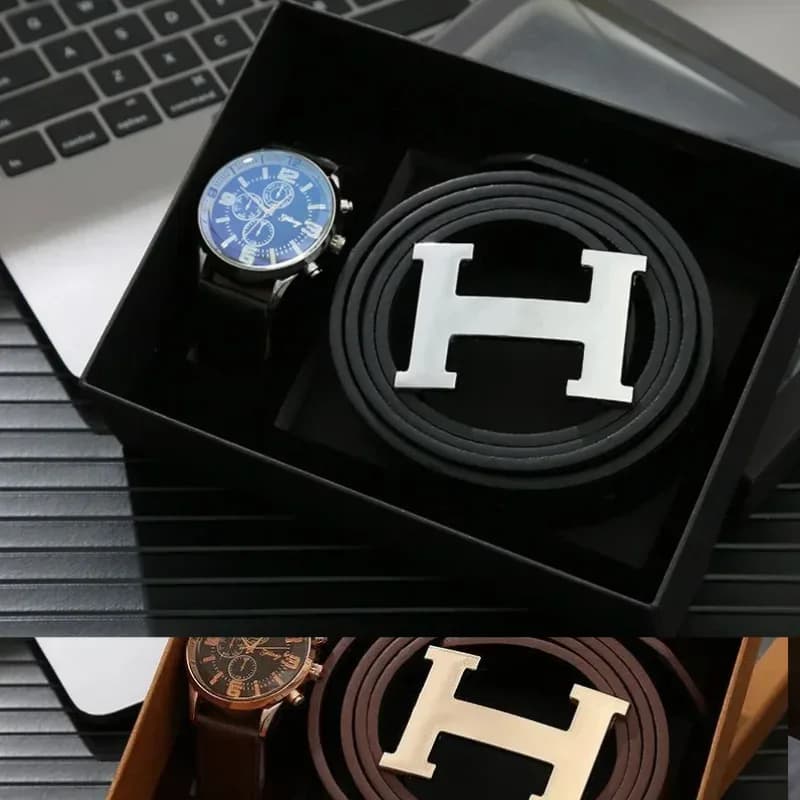 Men’s Luxury Watch & Leather Belt Gift Set – Classic H Buckle Design