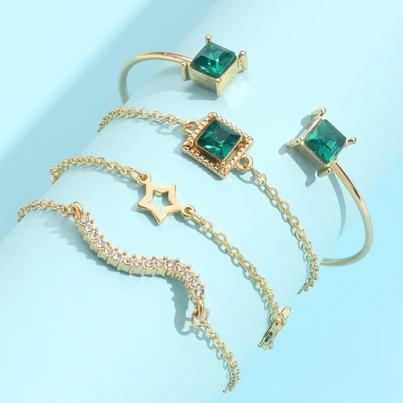 Luxury Emerald Crystal Jewelry Set (Gold-Plated Bracelet & Ring Collection) 4 pieces