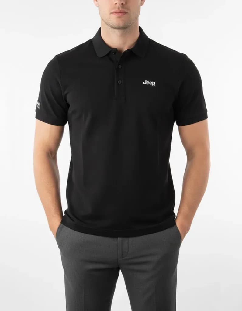 Men's black Jeep logo polo shirt.