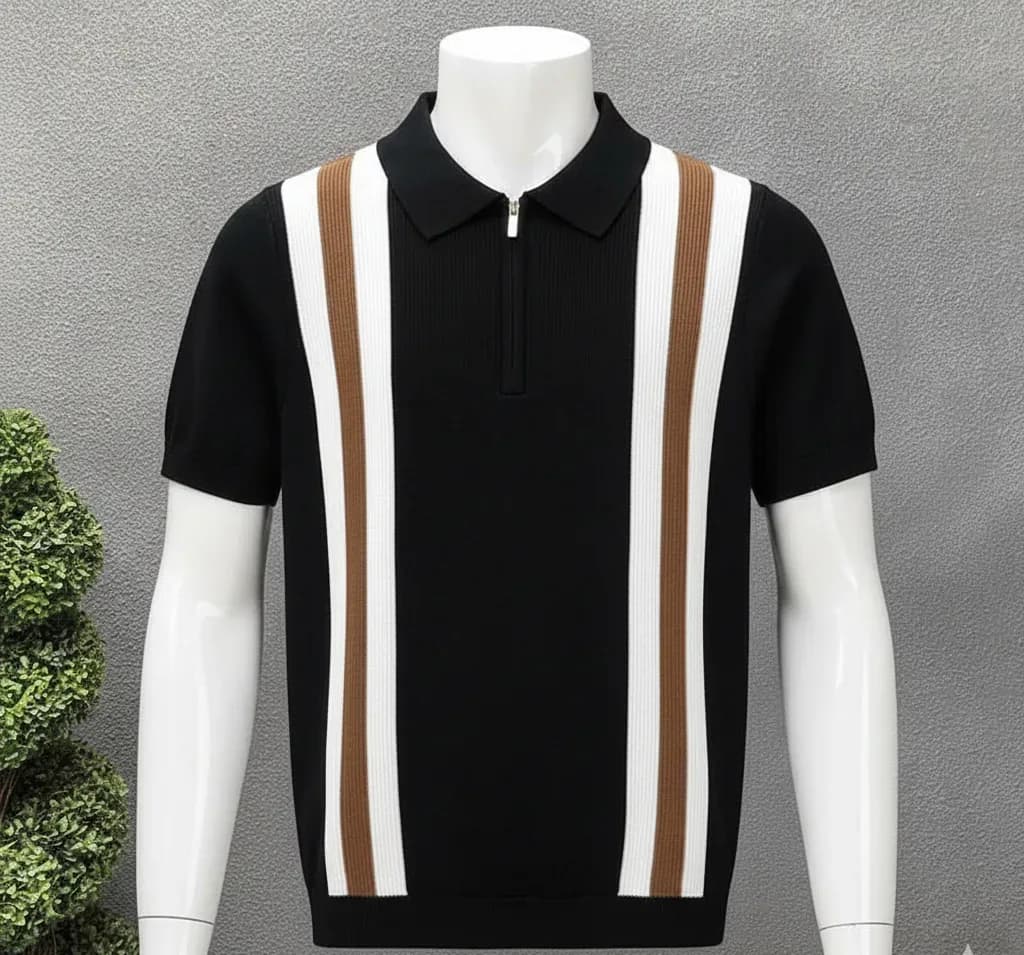 short-sleeved vertical striped polo shirt