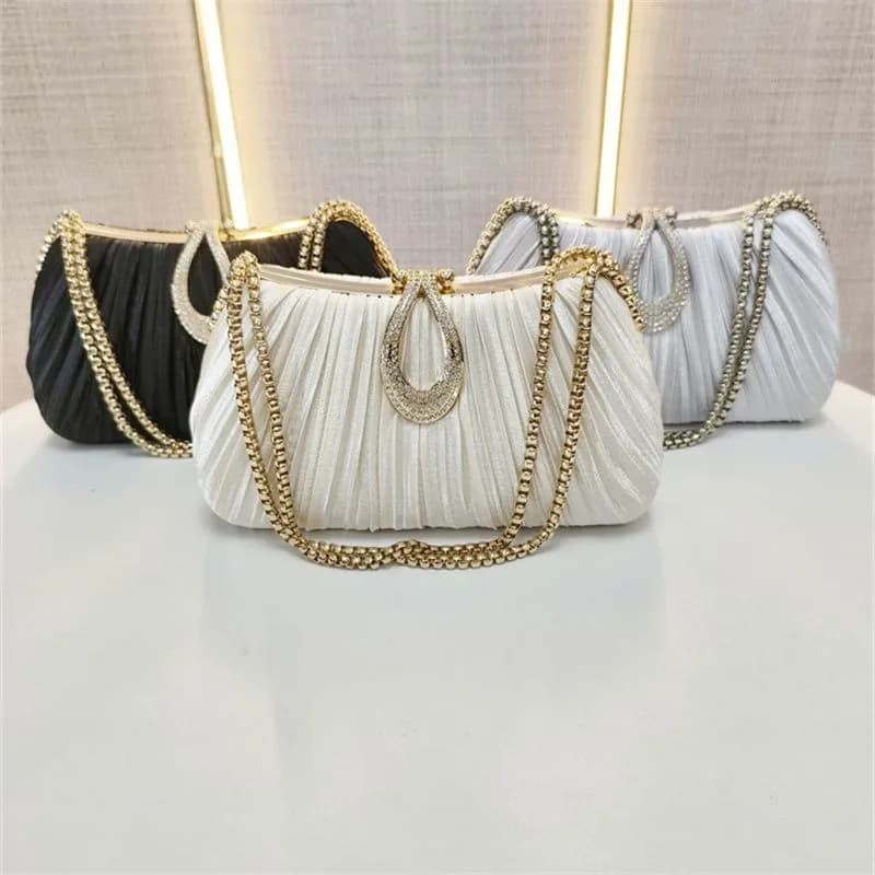 Elegant Pleated Evening Clutch Bag with Gold Chain