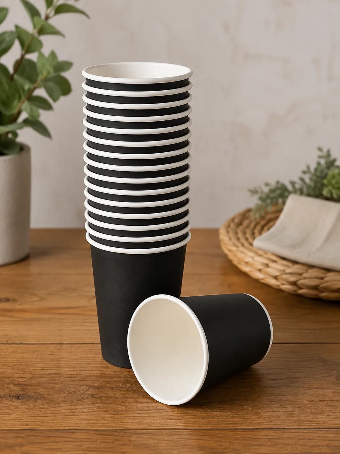 Disposable Paper Cups (Black with White Rim) – 24Pcs