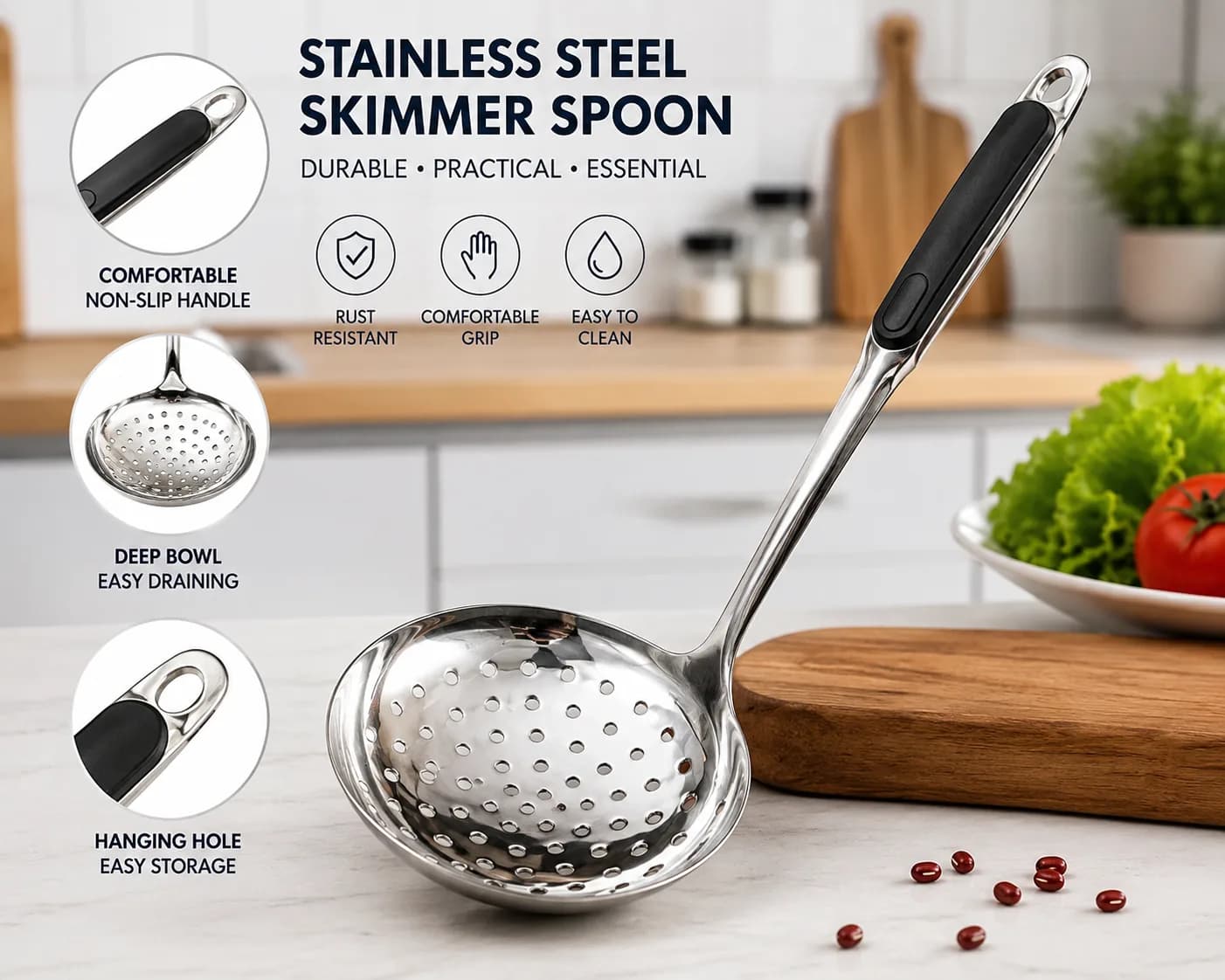 Premium Stainless Steel Skimmer Spoon with Heat-Resistant Handle