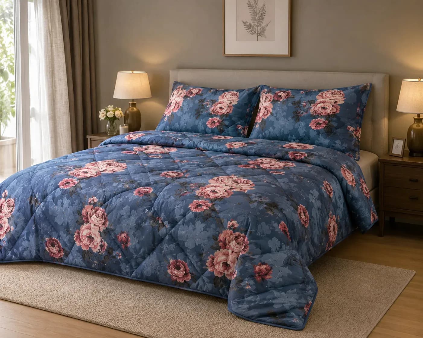 Luxury Floral Bedcover Set with Bedsheet & Pillow Covers – 2m × 2m