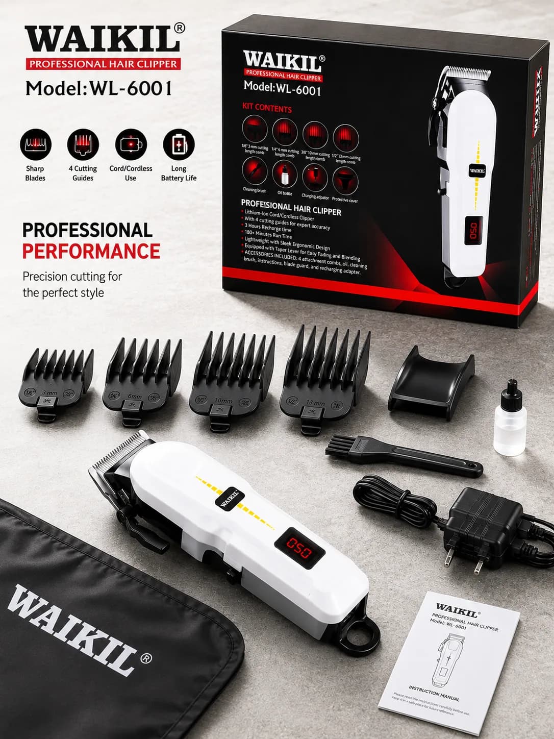 WAIKIL WL-6001 Professional Cordless Hair Clipper