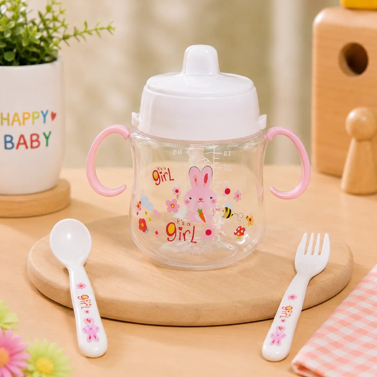 4-in-1 Baby Feeding Training Cup Set with Spoon & Fork (Pink)