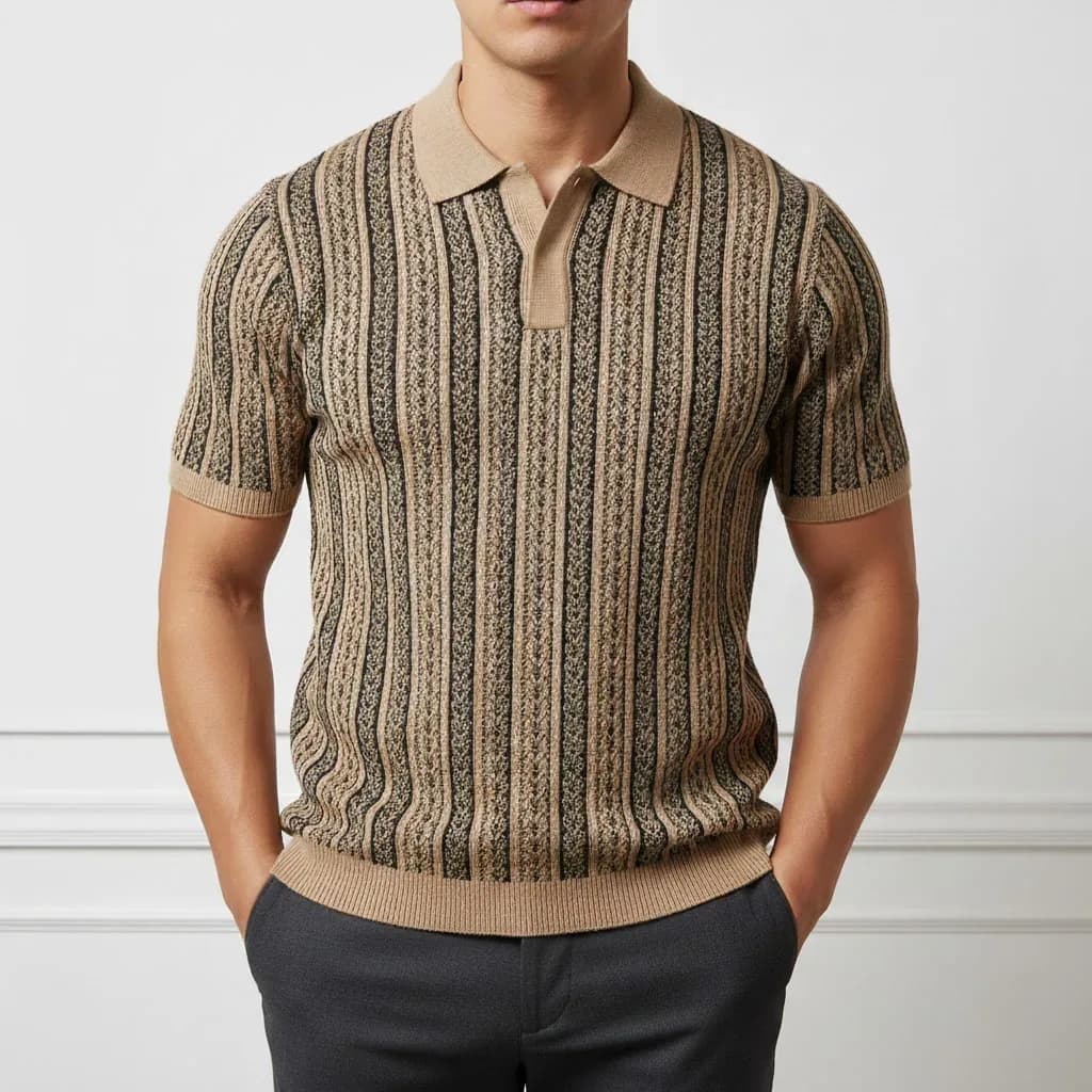 Brown Textured Knit Polo T-Shirt