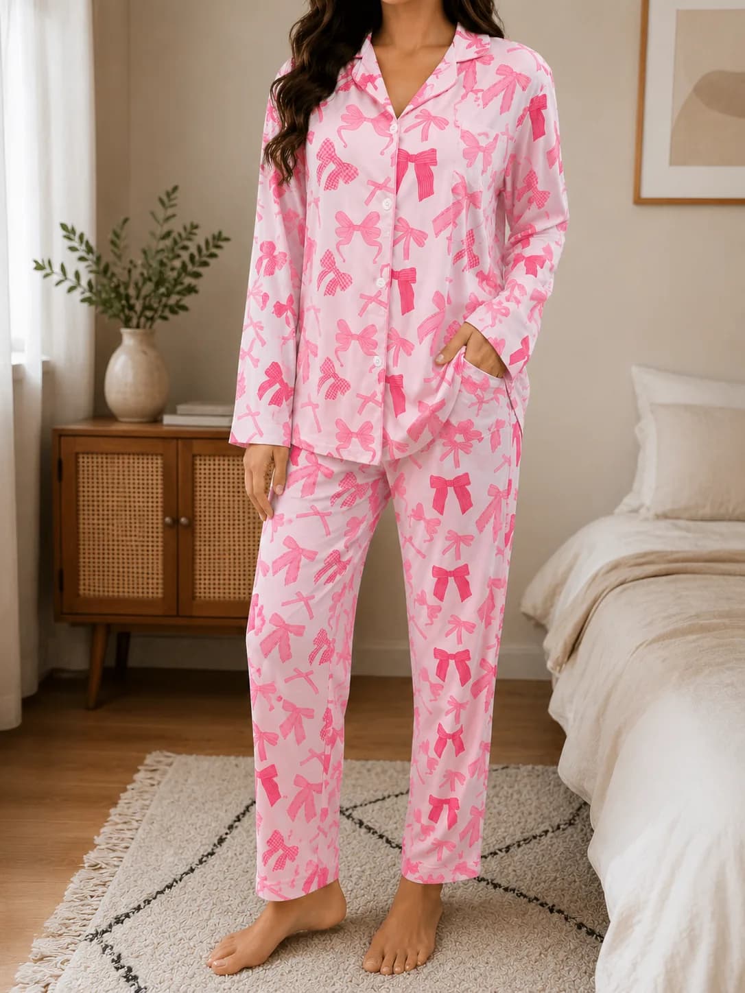 Women's Pink Bow Print Long Sleeve Pajama Set