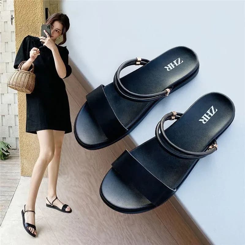 Women's 2-way platform flat sandals with double straps, black
