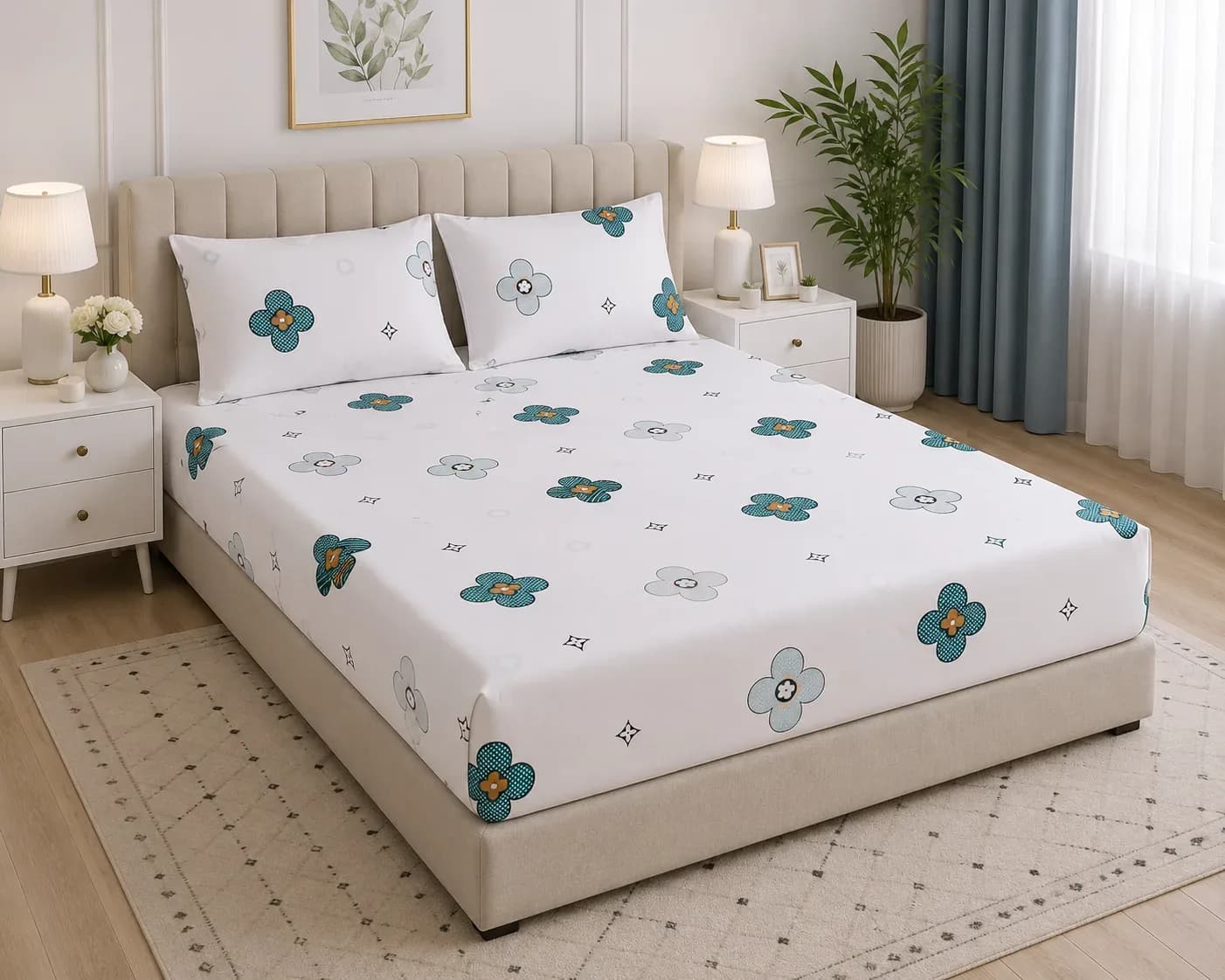 Modern Floral Bedsheet Set with Pillow Covers – 180cm × 2m