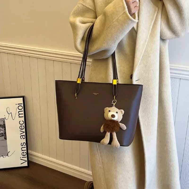 Elegant Brown Tote Handbag with Teddy Charm