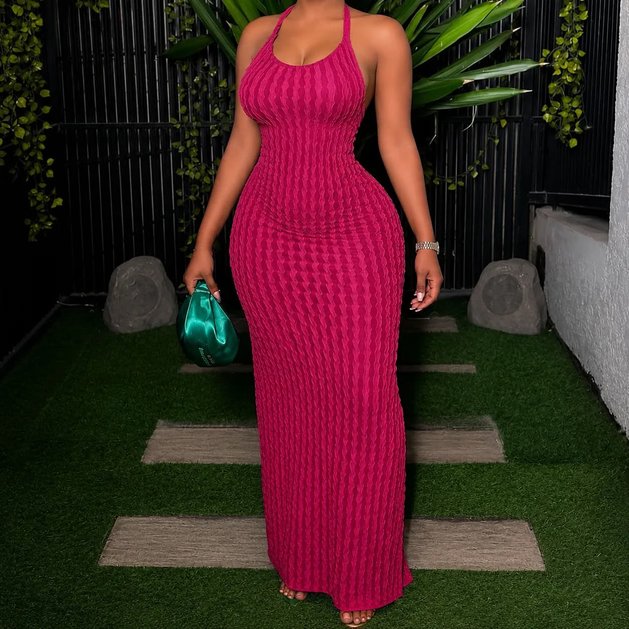 Women's Elegant Textured Halter Bodycon Maxi Dress – Pink