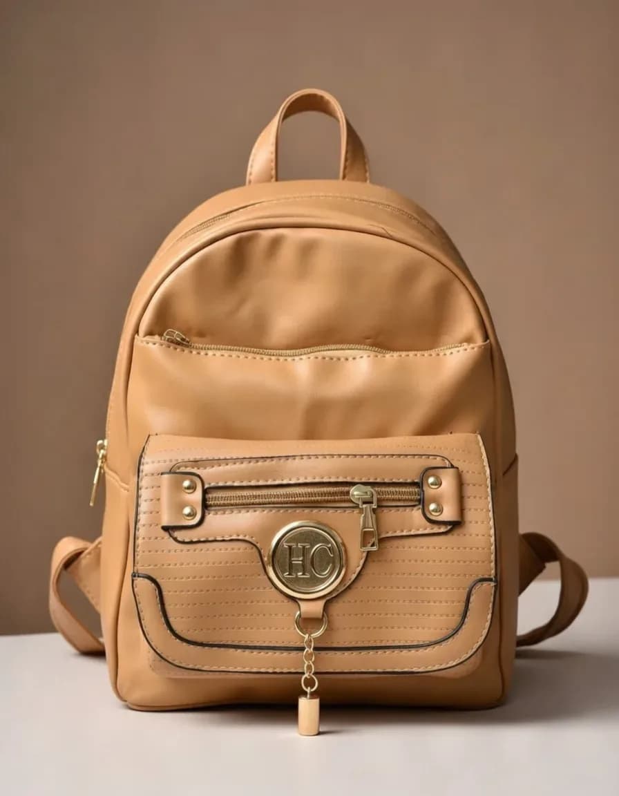 Premium Classic Mini Backpack with Front Zip & Gold Detail