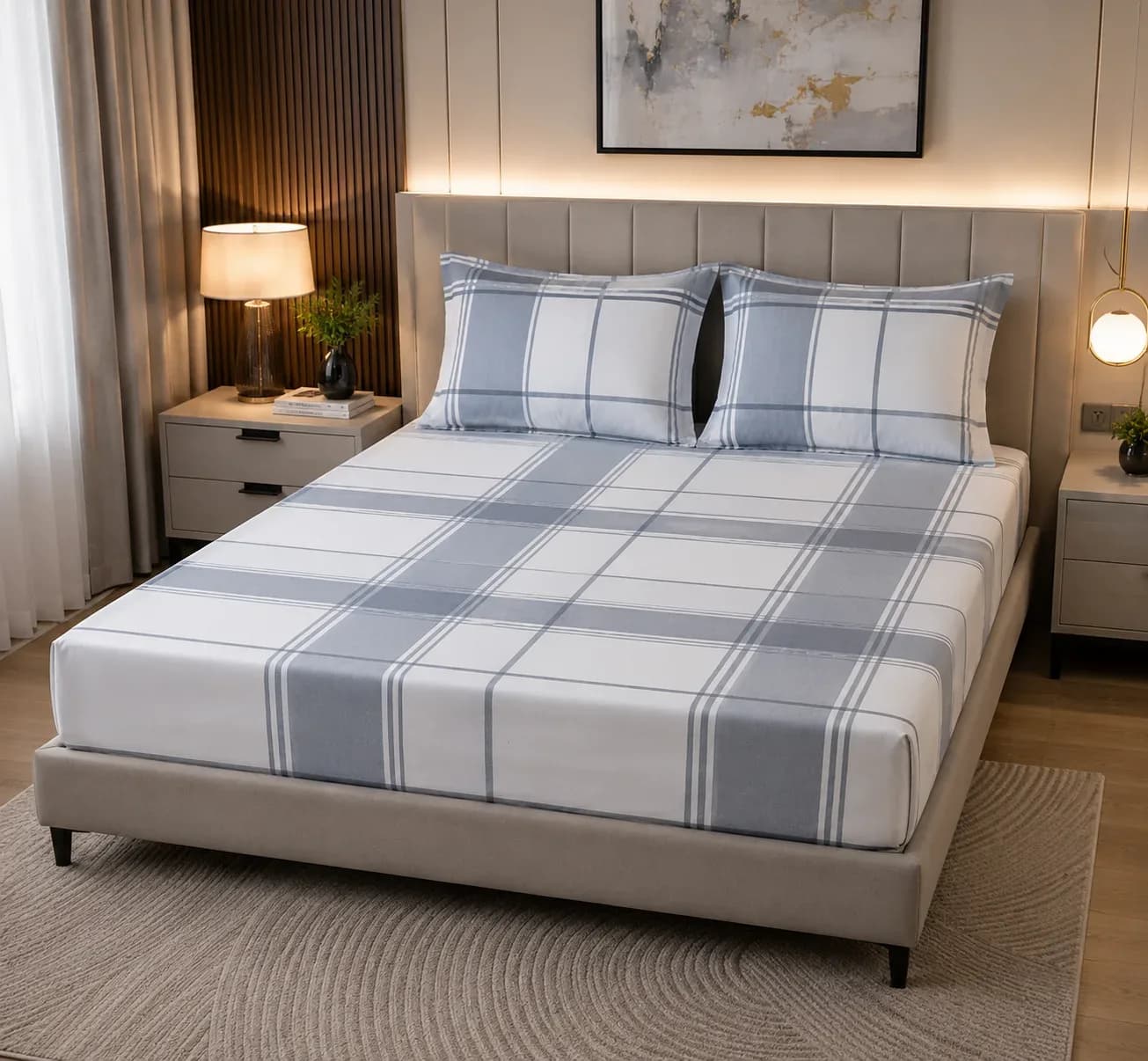 Classic Grey Plaid Bedsheet Set