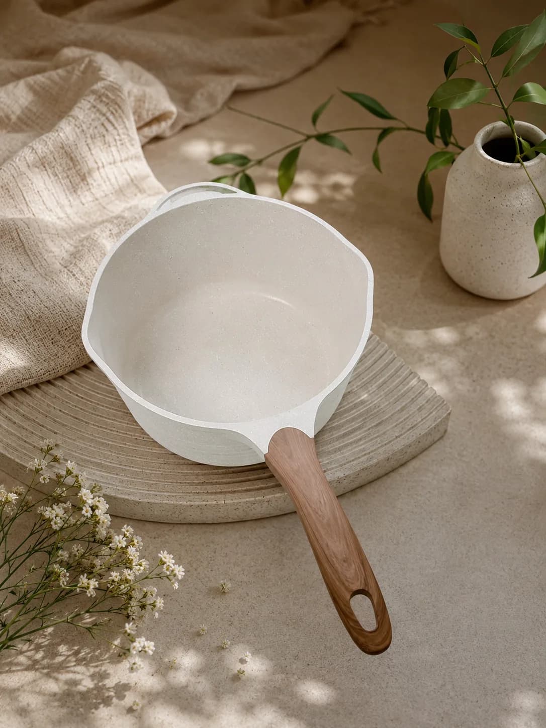 Premium White Granite Non-Stick Saucepan with Wooden Handle