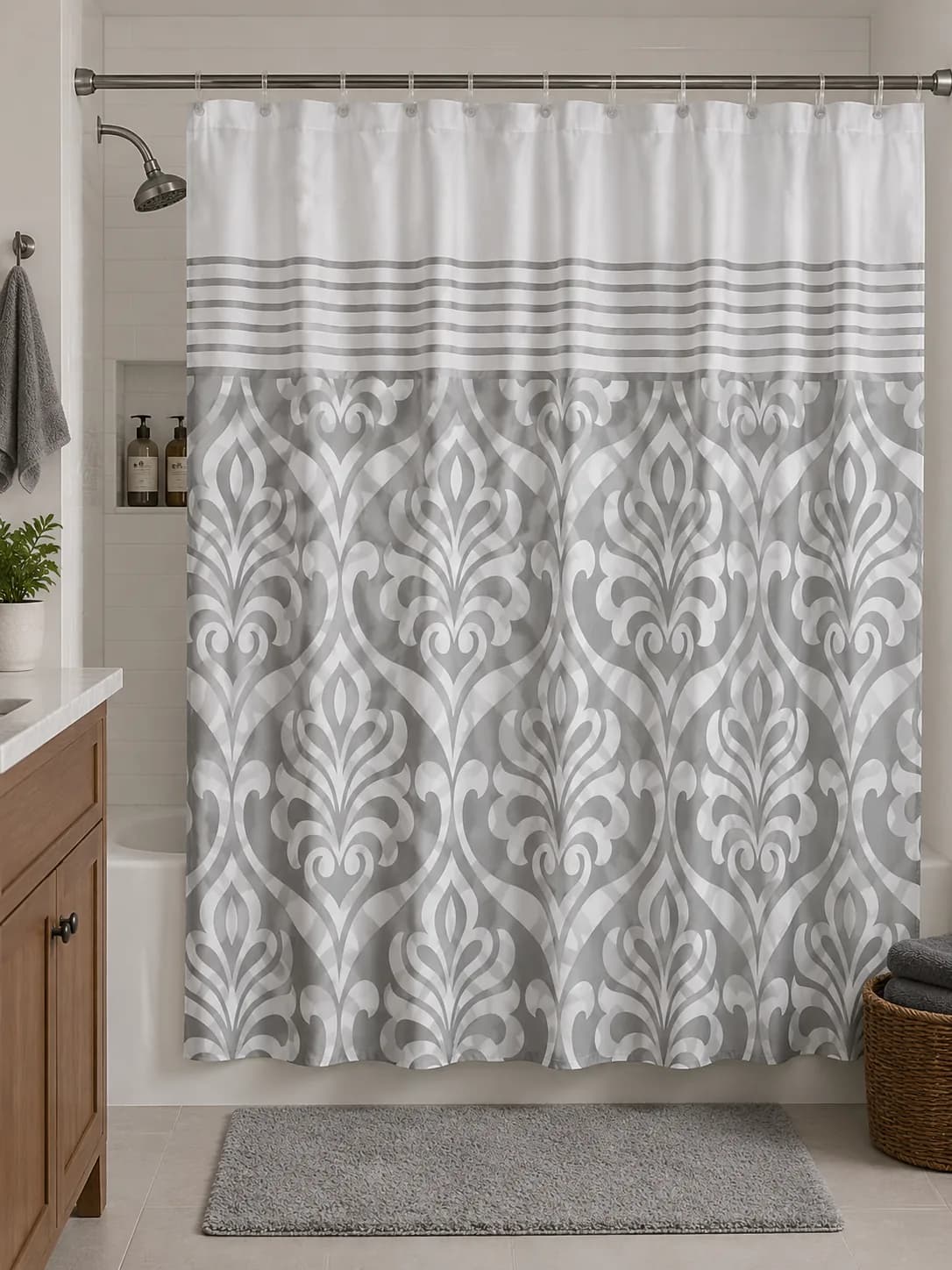 Modern Grey Floral PEVA Shower Curtain Set (13 Pieces)