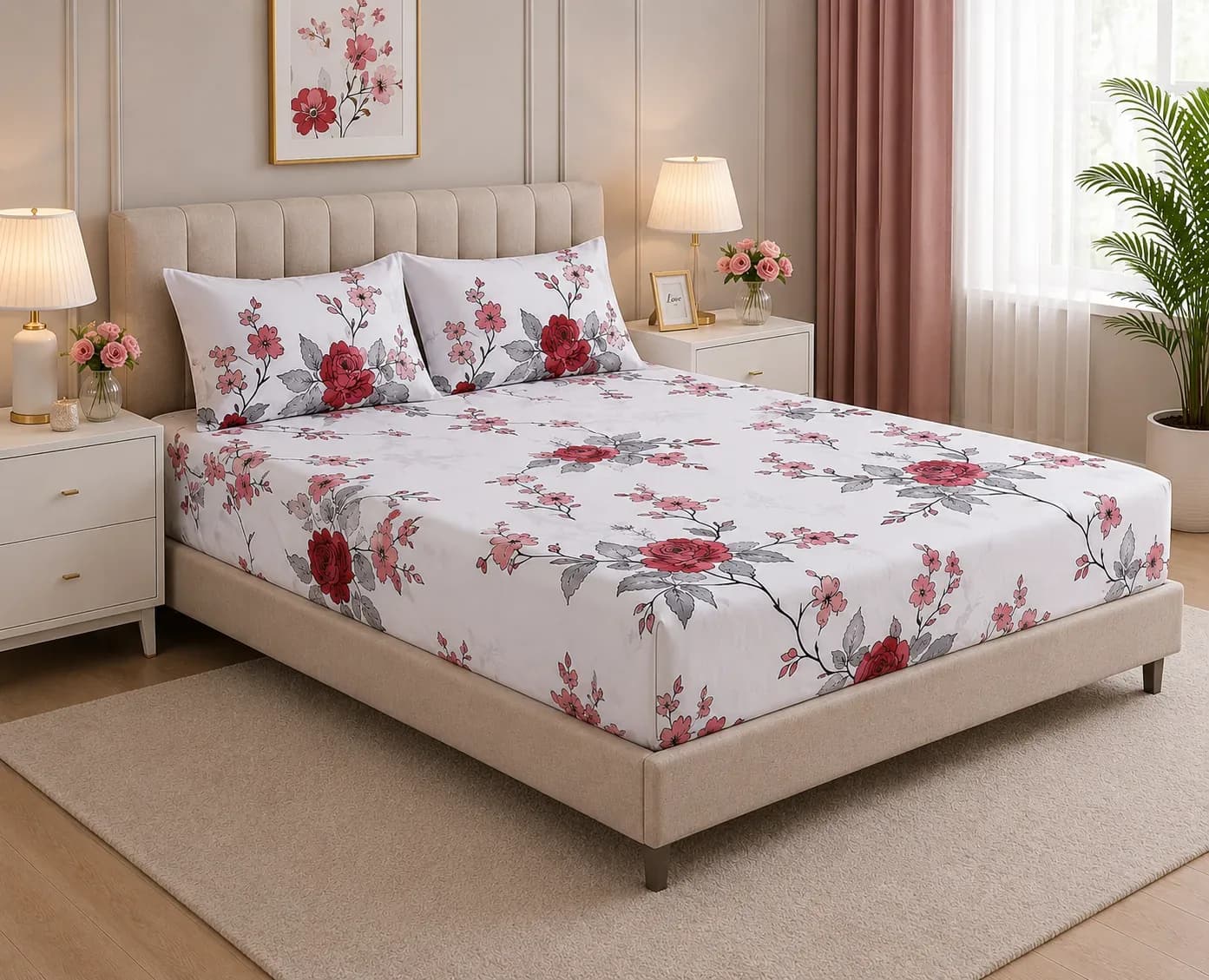 Luxury Rose Floral Bedsheet Set with Pillow Covers – 180cm × 2m