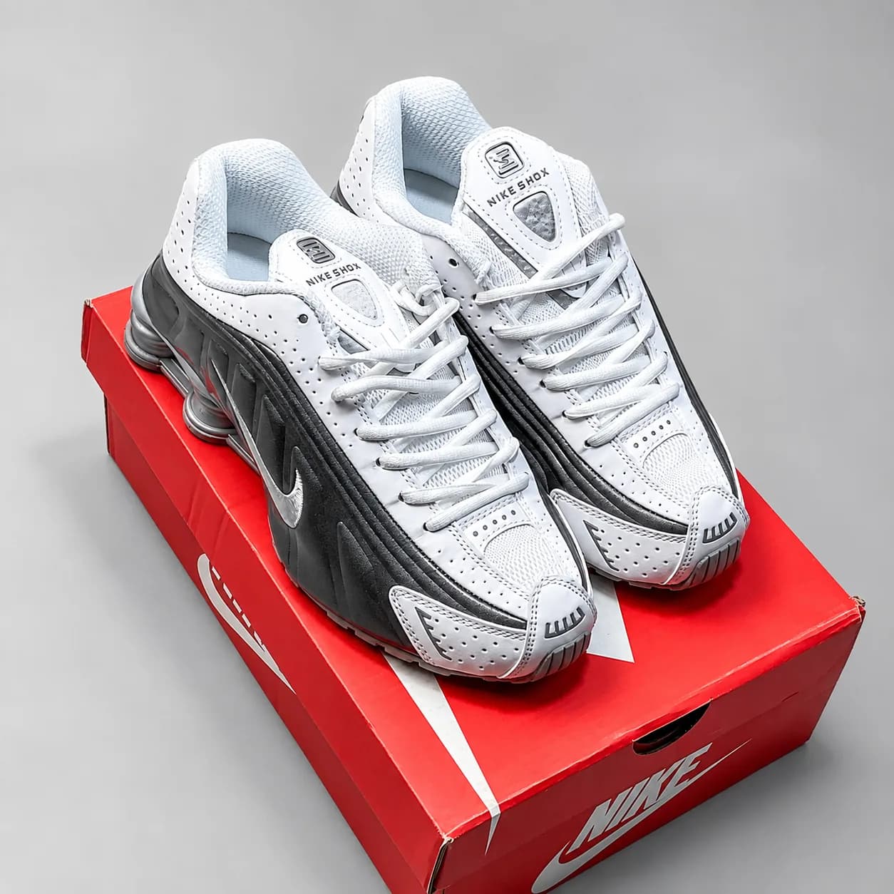 Nike Shox R4 White & Metallic Silver-Black Sneakers