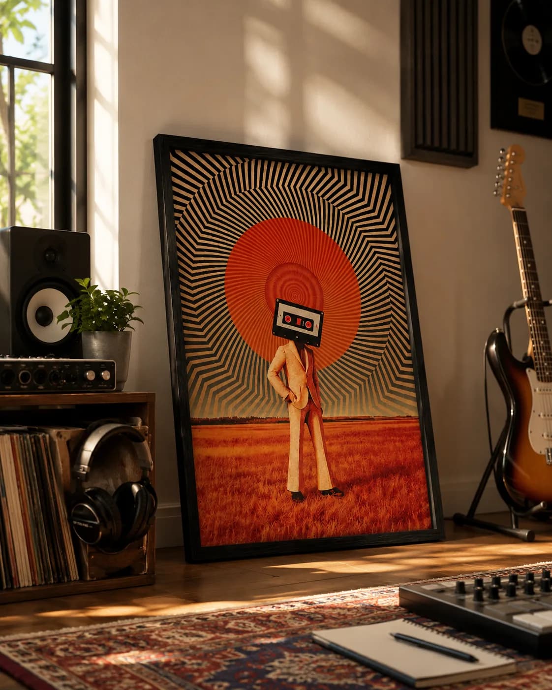 Vintage Cassette Head Psychedelic Wall Art – Black Wooden Framed Canvas