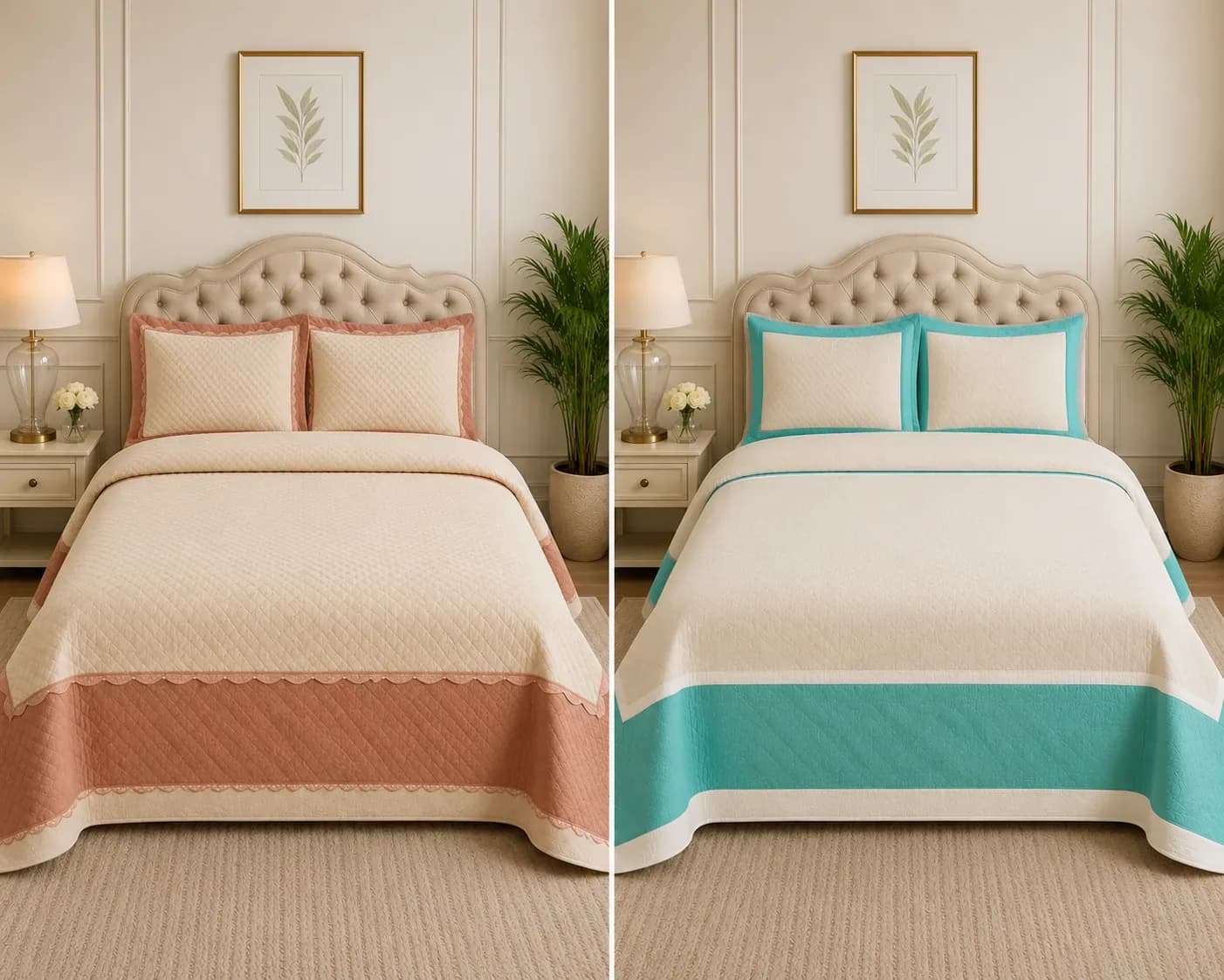 Luxury Quilted Bed Cover Set with Pillow Covers – Cream & Pink / Cream & Aqua 2*2 Meter