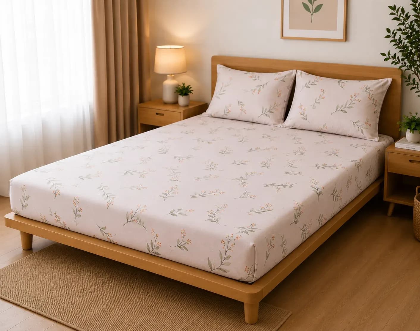 Soft Botanical Floral Bedsheet Set – 2.50m × 2.50m
