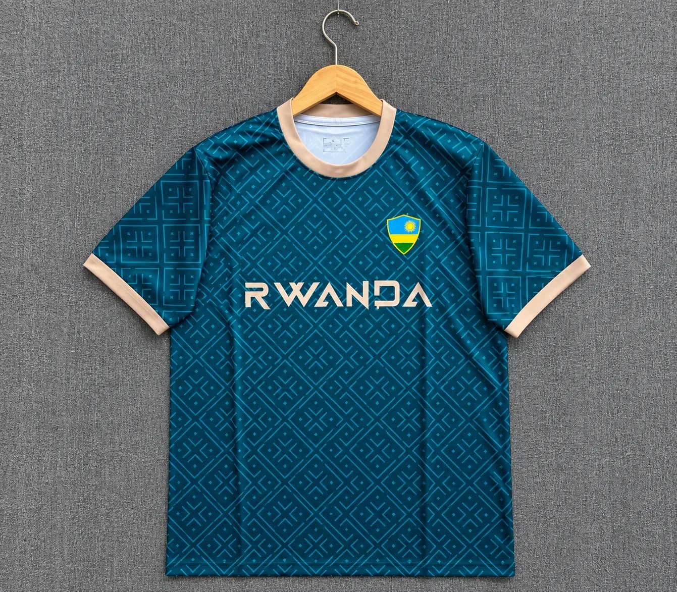 Rwanda Teal Geometric Football Jersey – Cream Trim